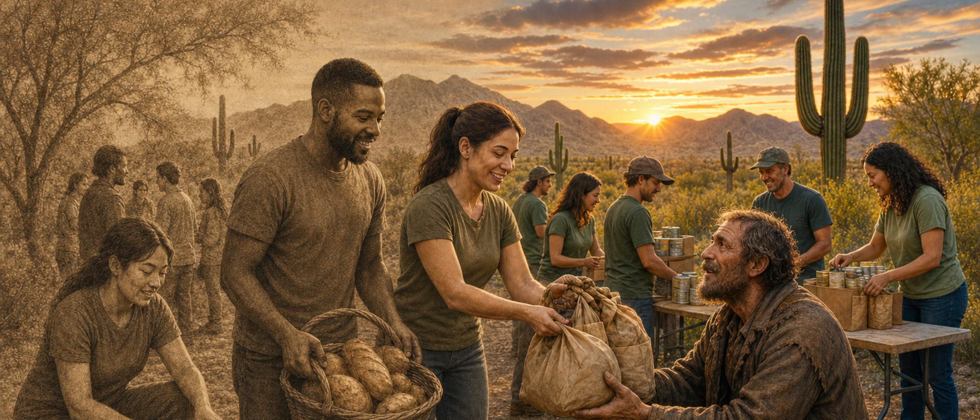 Volunteers handing food and supplies at a desert community service event, rendered in sepia on the left fading gradually to full color on the right with saguaro cacti and Tucson mountains