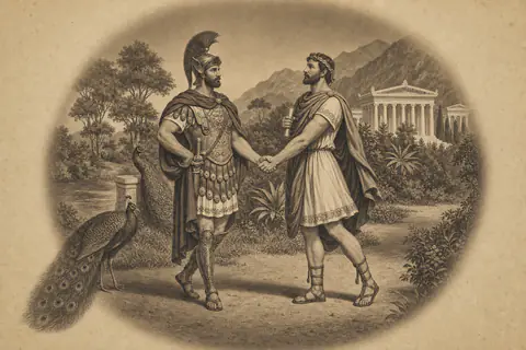 Illustrative sepia engraving-style scene of Damon and Pythias in ancient Greek dress, united in friendship