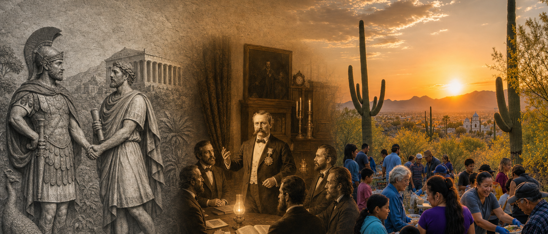 Friendship across centuries: Damon and Pythias in grey stone on the left, Justus H. Rathbone founding the Knights of Pythias in sepia at center, and a modern Tucson community gathering in full color on the right, blending gradually across the scene